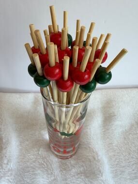 Vintage Stoli Holiday Shot Glass With 30 New Red & Green Holiday Appetizer Picks